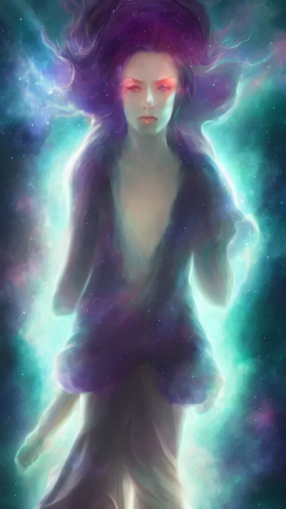 Image similar to god with a cape, full body, galaxy, and, stars, atmosphere, ethereal, insanely, detailed, volumetric, symmetrical, concept art, charlie bowater, kelly mckernan, unreal engine, 8 k