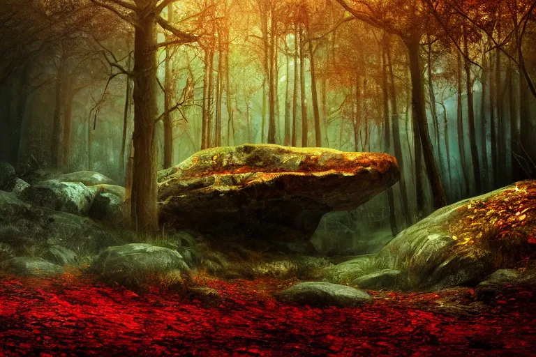 Image similar to deep dark moody candy forest, peppermint stick trees, cotton candy bushes, big colorful rock candy boulders, gumdrop mushrooms, chocolate creek, dark mood. mysterious realistic painting. photobashing, matte painting, highly detailed, autumn, cinematic, hyperrealistic, artstation, dramatic lighting, god rays, clean crisp graphics, smooth sharp focus, extremely detailed