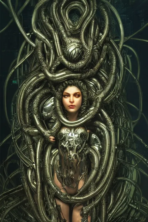 Image similar to Cyberpunk medusa, dark atmosphere, cinematic shot, intricate, ornate, photorealistic, ultra detailed, realistic, 35mm, photography, neon, octane, high definition, depth of field, bokeh, 8k, artstation, ((alphonse mucha)), (hr giger)