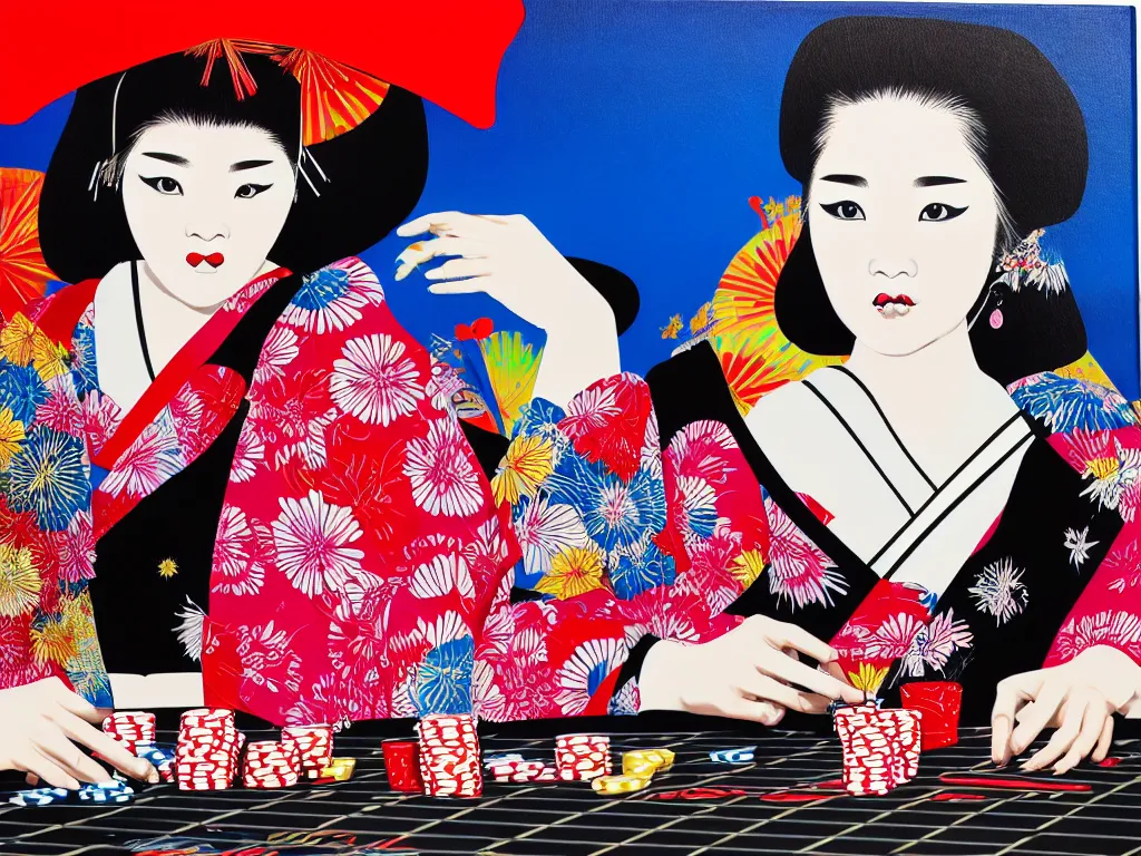 Image similar to hyperrealistic composition of the detailed woman in a japanese kimono sitting at a extremely detailed poker table with detailed darth vader, fireworks, mountain fuji on the background, pop - art style, jacky tsai style, andy warhol style, acrylic on canvas