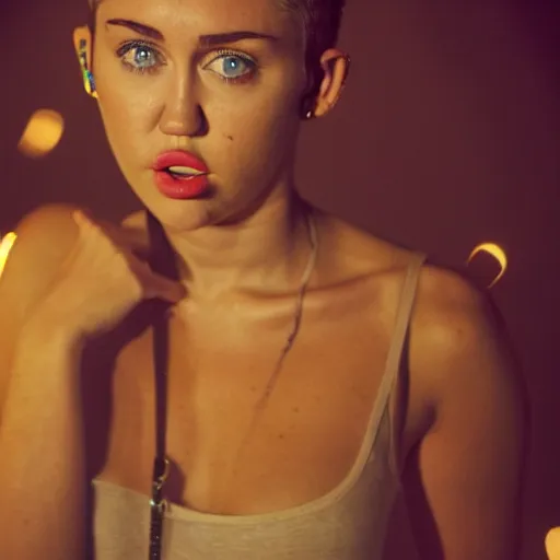 Image similar to Miley Cyrus in a dark room, movie still, photography, DSLR 35mm, low light photography, sadness