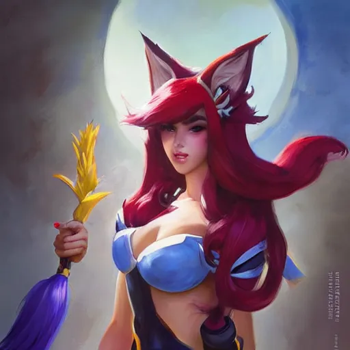 Image similar to greg manchess portrait painting of ahri from league of legends as overwatch character, medium shot, asymmetrical, profile picture, ambient occlusion, organic painting, sunny day, matte painting, bold shapes, hard edges, street art, trending on artstation, by huang guangjian, gil elvgren, ruan jia, greg rutkowski, gaston bussiere