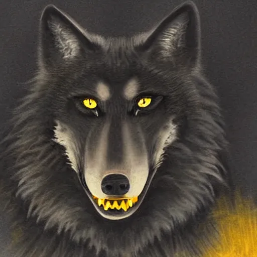 Prompt: black wolf with yellow eyes in the sky, portrait, dark night with a fullmoon behind the wolf, dramatic black smoke everywhere, japanese art style