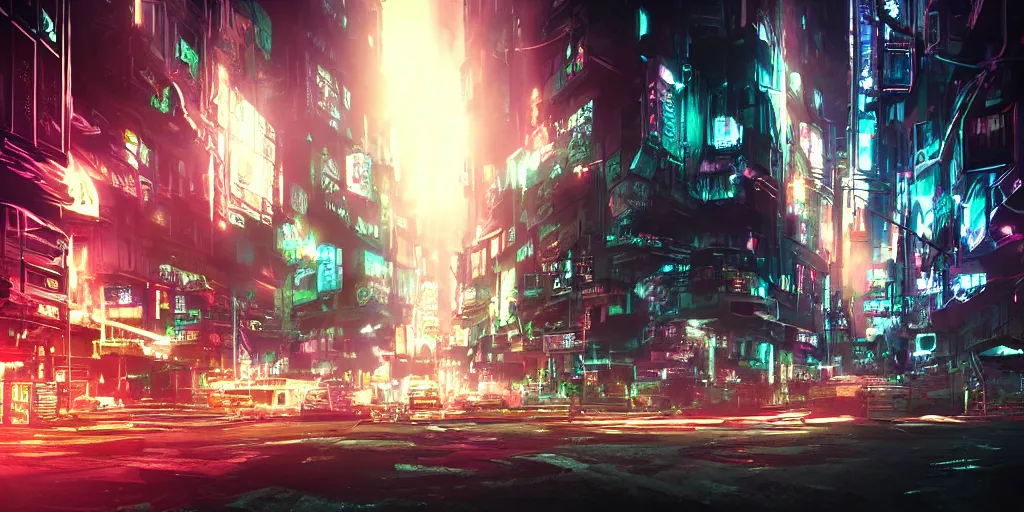 Prompt: cyber town district by liam wong dramatic lighting, cinematic establishing shot, extremely high detail, photorealistic, cinematic lighting