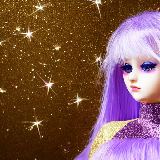 Prompt: girl with silver-violet hair, white eyes and golden glittery dress, wide lens, diorama, 4k,
