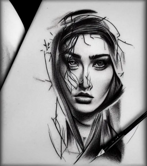 Prompt: amazing fade effect of beautiful mountain scenery with a beautiful woman face, tattoo design sketch, hyper - realistic, in the style of matteo pasqualin, amazing detail, black and white