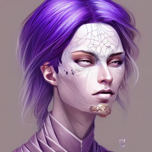 Image similar to portrait of an androgynous human mage, with dirty blonde hair, purple eyes, dnd, high fatnasy, intricate, elegant, highly detailed, digital painting, artstation, concept art, smooth, sharp focus, illustration, by anato finnstark, boissb - blanca. j, cindy avelino, clint cearley, anna podedworna