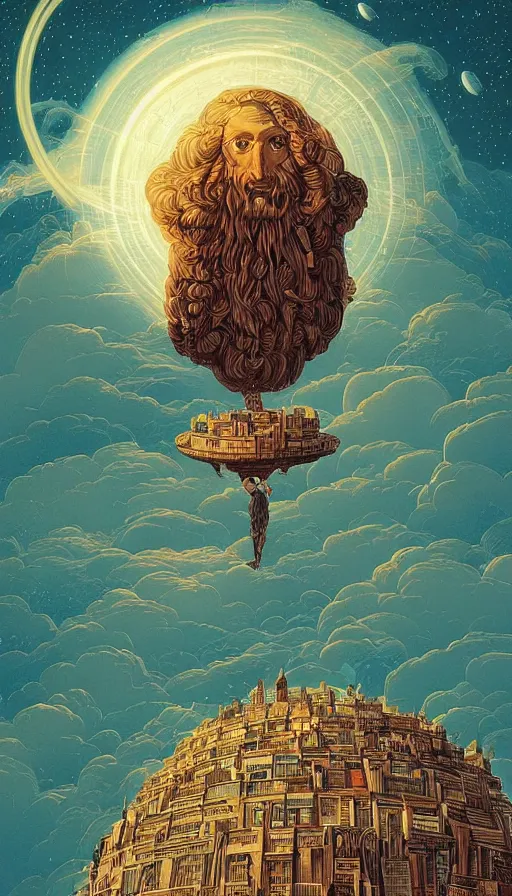 Image similar to The oracle of bibliophiles on cosmic cloudscape, italian futurism, Dan Mumford, da vinci, Victo Ngai, Kilian Eng