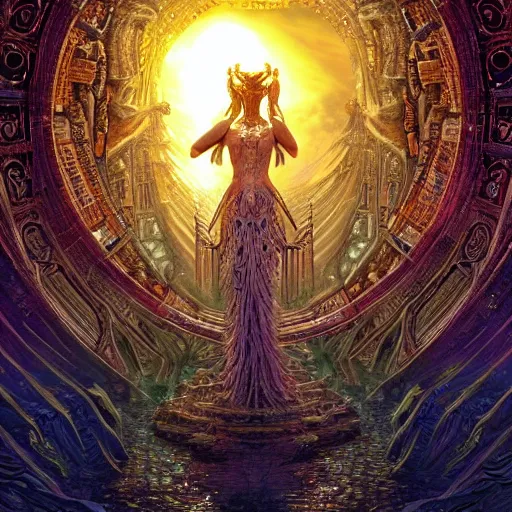 Image similar to A digital intricate masterpiece illustration concept art of a giant statue of Goddess Hera with its top in the heaven, taiga landscape + inspired art by Bruce Pennington, Ted Naismith, Daniel Merriam + symmetry + intricate complexity, epic composition, magical atmosphere, highly detailed, cinematic lighting + wide long shot, wide angle + trending on artstation + 8k