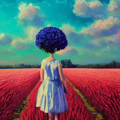 Image similar to girl with a giant carnation head, surreal photography, flower field, sunset dramatic light, impressionist painting, colorful clouds, blue sky, digital painting, artstation, simon stalenhag