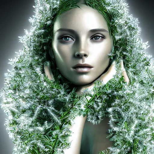 Image similar to a highly detailed digital image of a silver covered elegantly posed futuristic woman beautifully cocooned in green leafy foliage like leaves shot, full body shot, by Andrew Chiampo, artstation, and Frederik Heyman, extremely detailed woman, stunning volumetric lighting, hyper realism, fantasy 4k