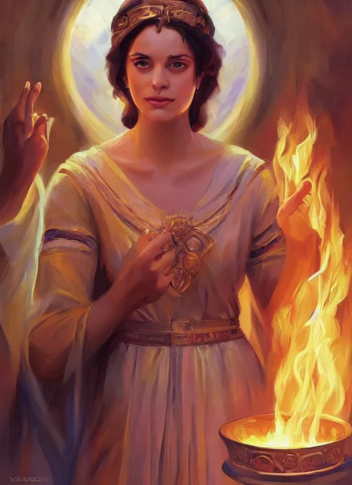Prompt: Portrait of a beautiful priestess from the oracle of Delphi, looking into the flames, greek mythology, high face detail, in the style of Julia Ustinovich, digital art, Vladimir Volegov