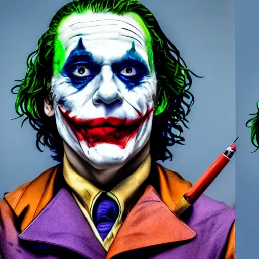 Image similar to photograph of the joker ( 2 0 1 9 ) as a professional artist, standing at an easel with paint, photograph, 3 5 mm, 8 k