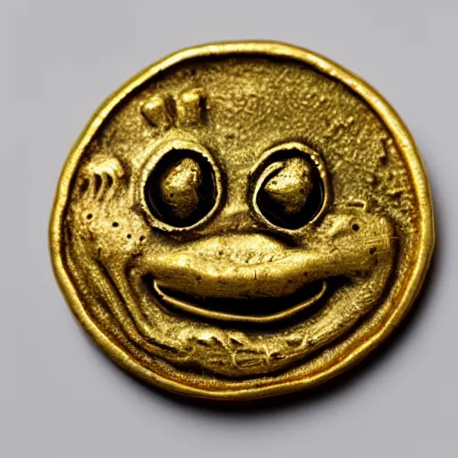 Prompt: an ancient roman gold coin with the portrait of pepe the frog, close up photo, ultra realistic, studio photo, bokeh, 4 k, hd, centered