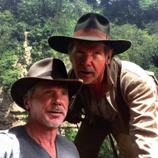 Image similar to chris patt as indiana jones 5, epic pose, selfie with harrison ford