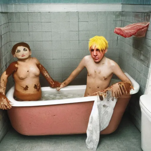 Image similar to characters from gummo sitting in a dirty bath tub with bacon taped to the wall