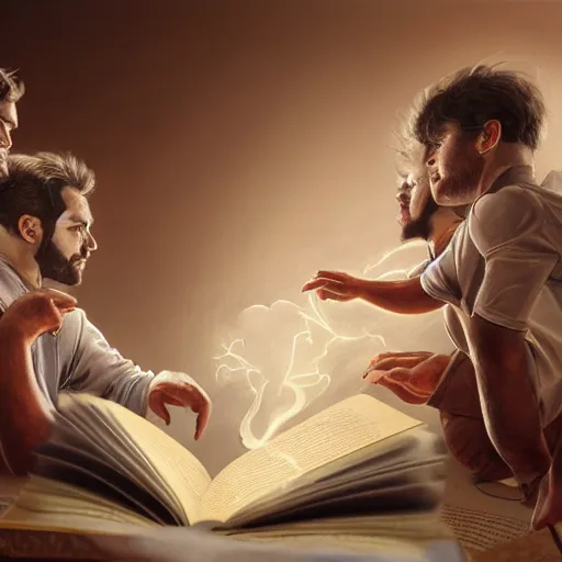 Prompt: a realistic painting of three male and one female characters emerging from inside a book, trending on artstation, detailed digital art