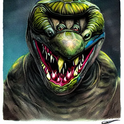 Prompt: a turtle monster ,monster teeth, chalk digital art, fantasy, magic, trending on artstation, ultra detailed, professional illustration by Basil Gogos