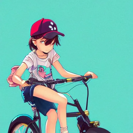 Prompt: young anime girl wearing a baseball hat, ponytail, riding a bike, sunny day, beautiful illustration, art by rossdraws, artgerm, trending on artstation.