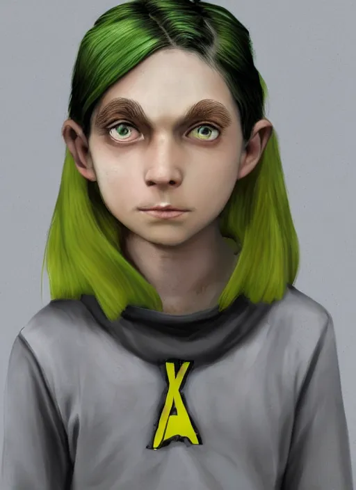 Image similar to An epic fantasy comic book style portrait painting of a young green-eyed feminine boy, fair skin, long brown hair worn in two pigtails, with his left pigtail being shorter than his right, he wears a yellow hoodie with a grey undershirt, unreal 5, DAZ, hyperrealistic, octane render, cosplay, RPG portrait, dynamic lighting