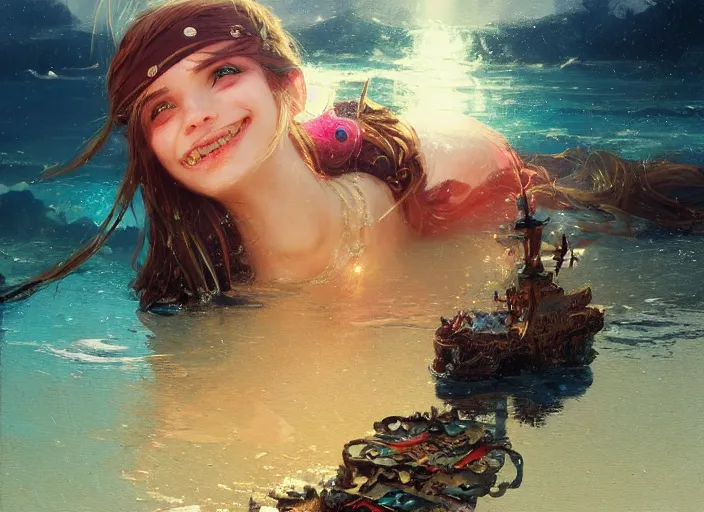 Image similar to full body picture of a pirate girl, looking at the treasure box, hard breathing, messy hair, very excited, smiling, sparkling eyes, magic and fantasy, whale monsters, beautiful and aesthetic and attractive and detailed face, specular reflection, occlusion shadow, intricate, bokeh, masterpiece, by ilya kuvshinov and jeremy lipking and quentin mabille