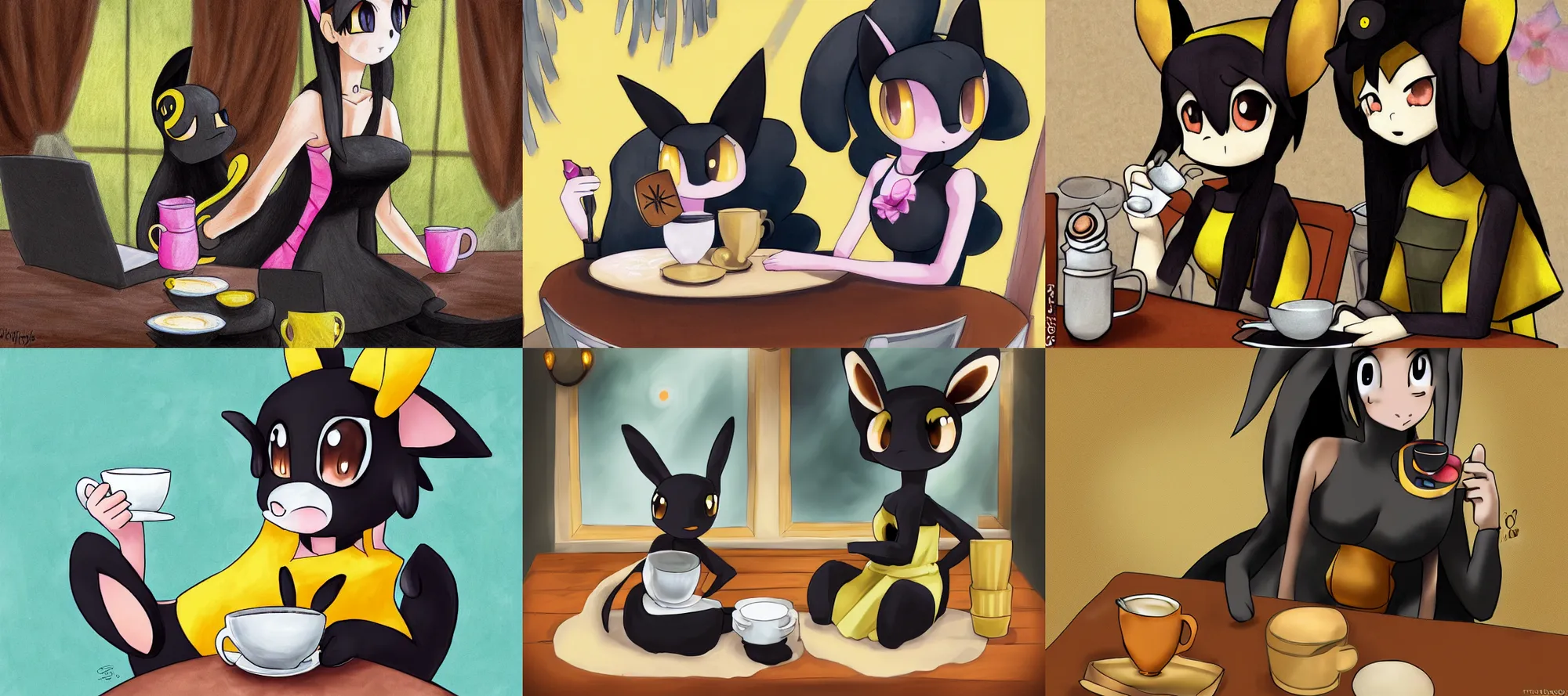 Prompt: umbreon wearing a sundress sitting at a table with cup of coffee by trigaroo
