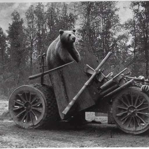 Image similar to a picture of a enormous bear pulling a towed canon on wheel behind him, eastern front, ww 2, historical picture