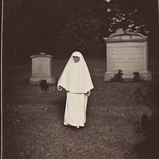 Image similar to antique photograph of a ghost of an evil catholic nun walking in a graveyard, night, blurry, translucent, glowing, real photo,