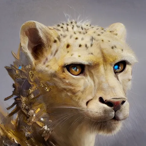 Image similar to a beautfiul award winning commission portrait of an anthro albino cheetah wearing diamond victorian armour,digital art,art by greg rutkowski,character design by charles bowater,photorealistic,ross tran,hyperdetailed,detailed face,fascinating,2021,western comic style