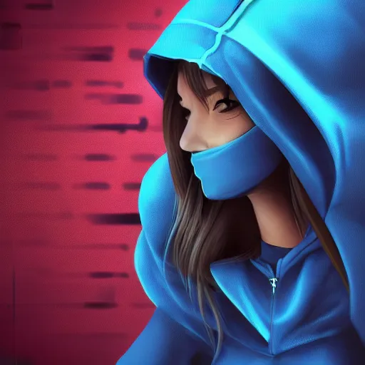 Prompt: girl in blue hoodie fighting against robots, dynamic, digital art