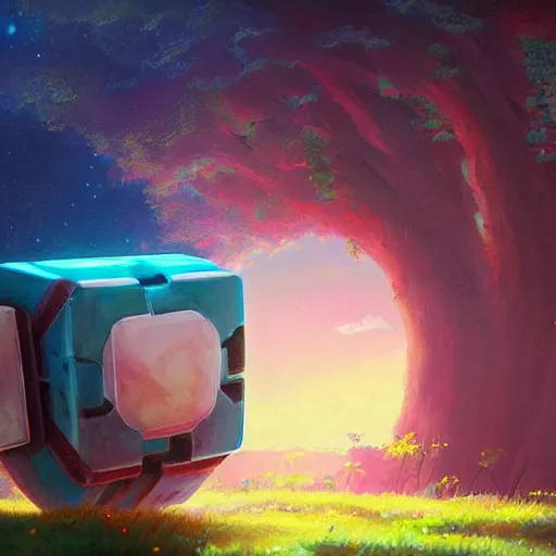 Prompt: beautiful painting of companion cube in a beautiful landscape, anime, studio ghibli, makoto shinkai, rhads, radiant light, detailed and intricate environment