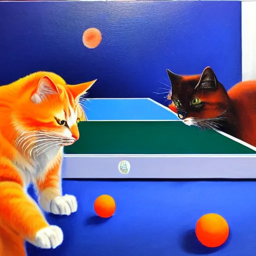 Image similar to Dos gatos jugando al ping pong sobre fondo naranja, oil painting