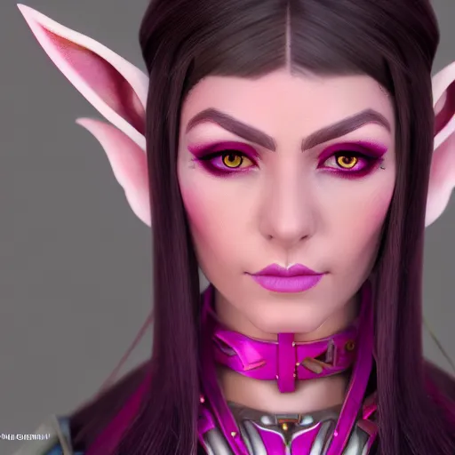 Prompt: portrait of a female high elf with magenta eyes and dark hari, 3 d octane render trending on art station 8 k