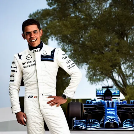 Image similar to a portrait of a mercedes f 1 driver in a white overall with the face of barack obama, outdoor, professional portrait photography, ambient light