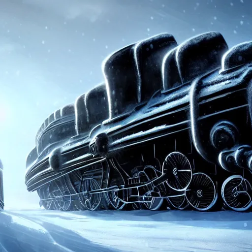 Prompt: a futuristic black steam train and a giant mammoth, post - apocalyptic ice landscape with heavy snow, concept art, artstation, highly detailed, digital art