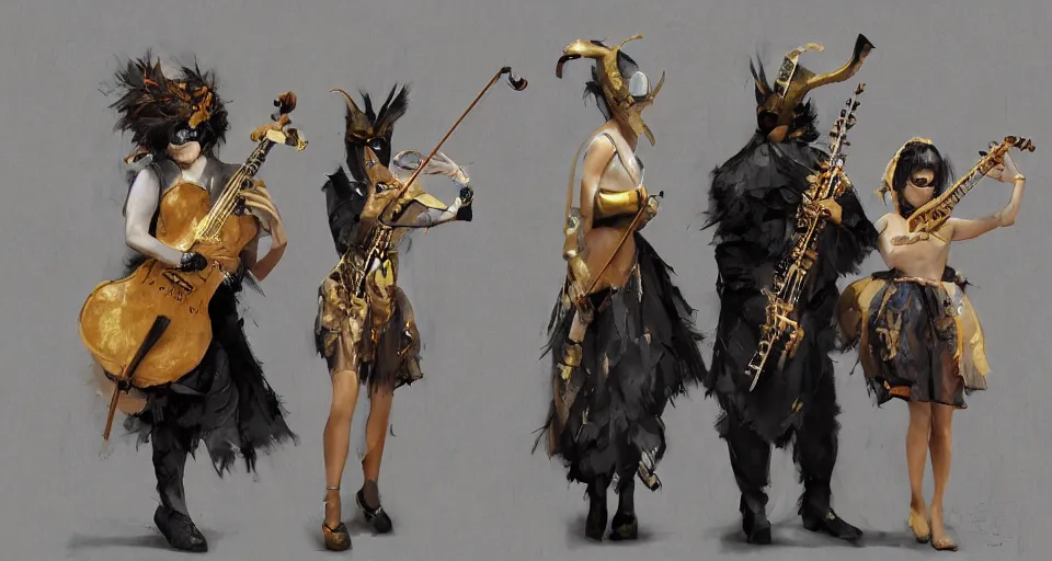 Image similar to craig mullins and ghibli digital art of on the stage, a masked female violinists ， exotic costumes, gold jewelry, black hair, realistic shading, cinematic composition, realistic render, octane render, detailed textures, photorealistic, wide shot