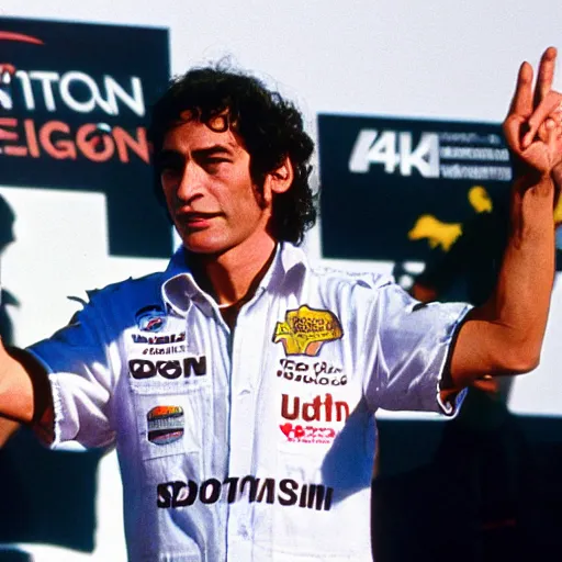 Prompt: Ayrton Senna on the podium, Dungeons and Dragons, Wizards of the Coast, 4k, high detail