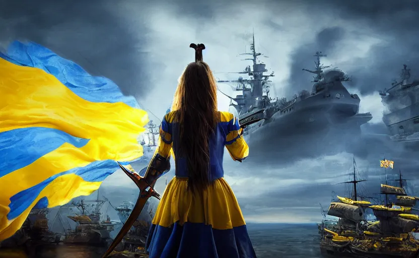 Prompt: view from behind of a girl in national blue and yellow clothes with beautiful hair and two huge realistic swords in both her hands standing against and facing a huge realistic detailed Russian warship with lots of guns on the horizon, and she is ready to fight, Ukrainian flag on the left side, concept art, сinematic lighting, insanely detailed, smooth, sharp focus, Artstation, 8k, unreal engine, hyper realistic, steampunk style, bright background, moonlight, volumetric lighting, digital illustration by Ruan Jia and Mandy Jurgens and Artgerm and Wayne Barlowe and Greg Rutkowski and Zdislav Beksinski