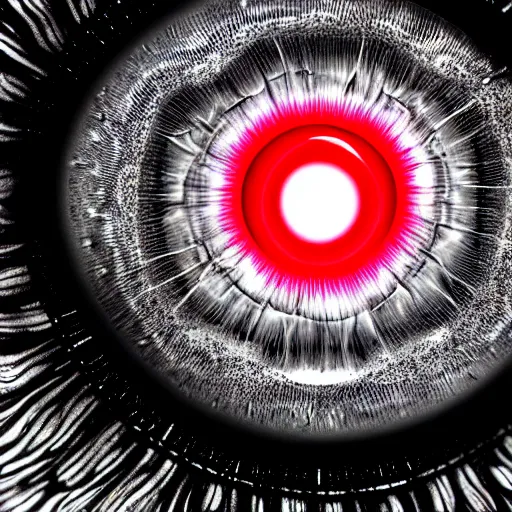 Image similar to a detailed extremely close up of inside the iris, cornea, red image, microscopic, extremely close up drawing by junji ito, cgsociety, generative art, lovecraftian, parallax, cosmic horror, extremely detailed, hyperrealism, unreal engine, octane render, award winning, masterpiece, highly detailed, realistic, 4 k, digital