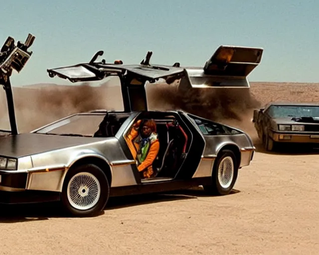 Image similar to doc brown and the delorean in a scene from a mad max movie