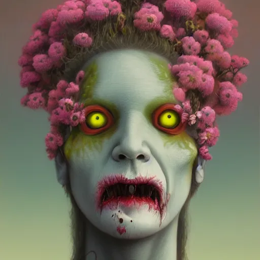 Prompt: a nature portrait of a p - zombie!!! natural lighting art dawn. highly detailed. colourful. moody. artstation, 4 k, by gerald brom zdzisław beksinski, and ansel adams and studio ghibli, horror, lots of sakura flowers, lovely