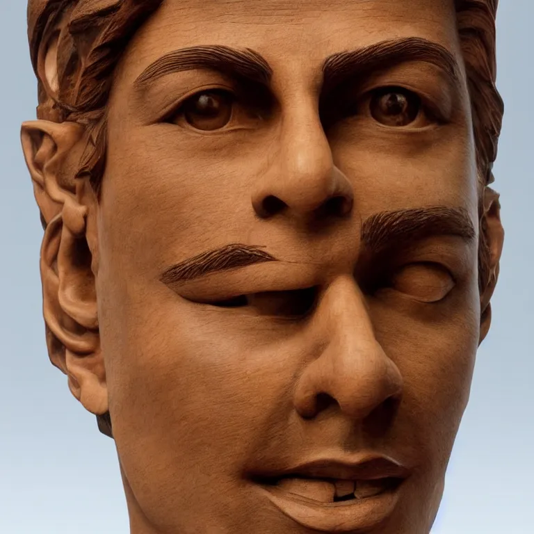 Prompt: public sculpture minimalist!!! portrait of a shah rukh khan, beautiful symmetrical face accurate face detailed face realistic proportions, carved out of red oak wood on a pedestal by stephan balkenhol and martin puryear and ron mueck, hyperrealistic dramatic lighting shocking detail trending on artstation 8 k