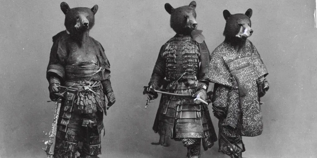 Image similar to anthropomorphic asian black bear in samurai armor, 1900s photo