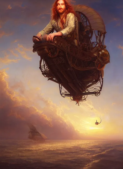 Image similar to portrait painting of a handsome face rugged long hair crimson hair male captain, top half portrait soft hair steampunk ornate mechanical zeppelin airship in the background sky sunset golden hour fantasy soft hair deviantart book cover art dramatic volumetric lighting art by wlop greg rutkowski gaston bussiere