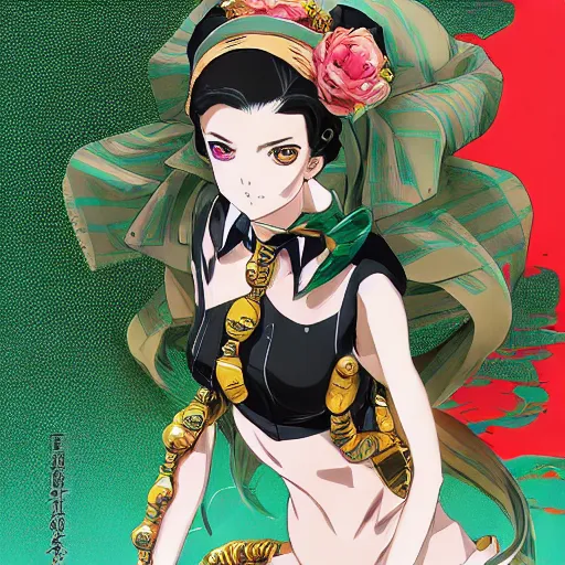 Image similar to Magazine Cover Anime key visual of a Gucci girl; official media; typography; drawn by Hirohiko Araki; Jojo's Bizarre Adventure; Jojolion, portrait, made by Stanley Artgerm Lau, WLOP, Rossdraws, James Jean, Andrei Riabovitchev, Marc Simonetti, Yoshitaka Amano, ArtStation