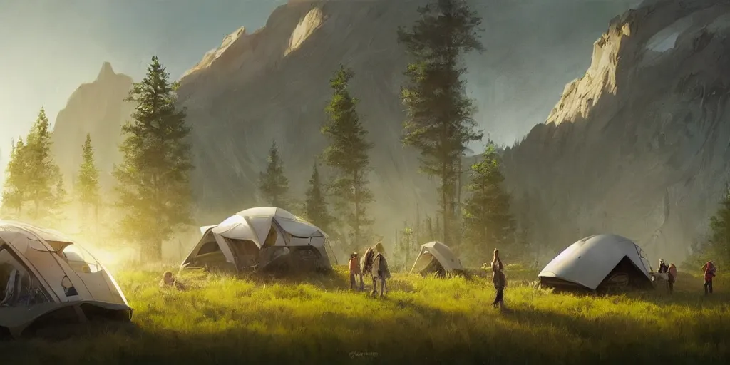 Image similar to cabela's tent futuristic pop up family pod, cabin, modular, person in foreground, mountainous forested wilderness open fields, beautiful views, painterly concept art, joanna gaines, environmental concept art, farmhouse, magnolia, concept art illustration by ross tran, by james gurney, by craig mullins, by greg rutkowski trending on artstation