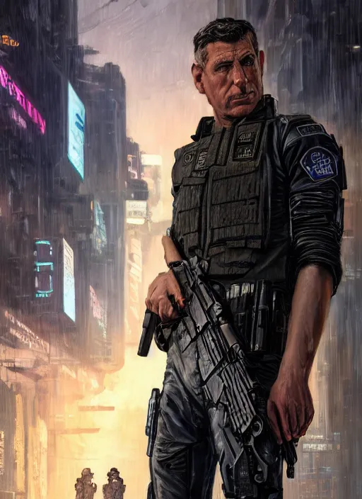 Prompt: andy griffith. cyberpunk police trooper in a military vest ( blade runner 2 0 4 9, cyberpunk 2 0 7 7 ). orientalist portrait by john william waterhouse and james gurney and theodore ralli and nasreddine dinet, oil on canvas. cinematic, hyper realism, realistic proportions, dramatic lighting, high detail 4 k