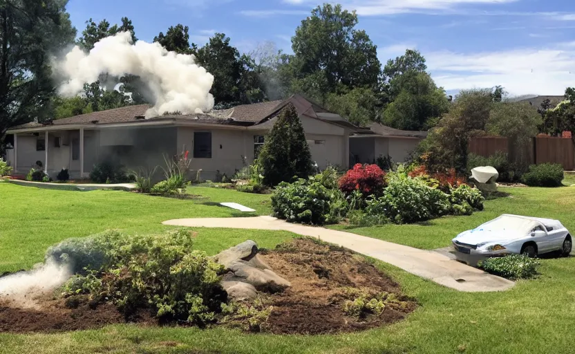 Prompt: suburban house and yard with small volcano erupting in the yard