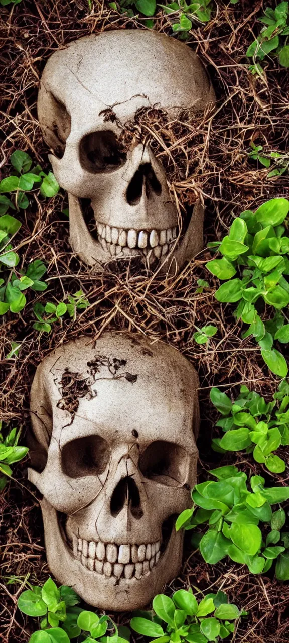 Image similar to award winning photo of robot skull rusty and filled with plants, stunning, 4 k, detailed, top - down, realistic