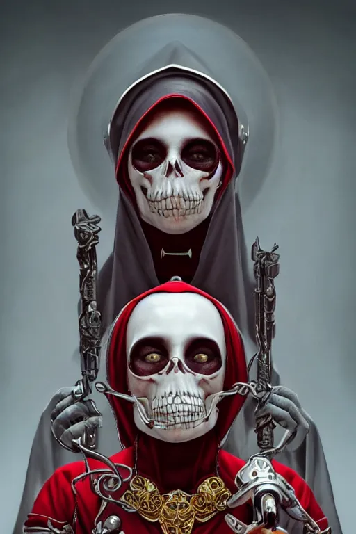 Prompt: ultra realistic illustration, 3 d render of a nun with a skull helmet red and gold accents, gothic, dark, hacknaut cyberpunk, sci - fi, fantasy, intricate, elegant, highly detailed, digital painting, artstation, concept art, smooth, sharp focus, illustration, art by artgerm and greg rutkowski and alphonse mucha